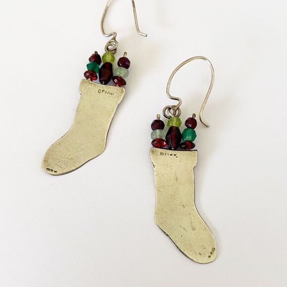 Vintage sterling silver Christmas stocking drop earrings with gemstones - Picture 3 of 6